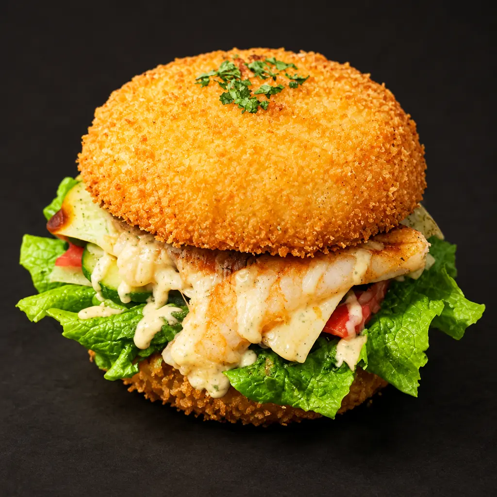 Asian burger s pohanom rižinom lepinjom, ribom i umakom, Chin Chin Rijeka